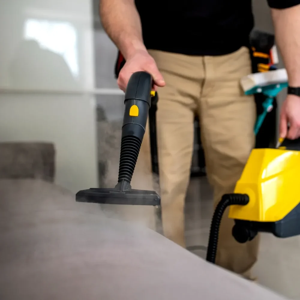 Saval UK cleaner steam-cleaning upholstered furniture in a hotel function room