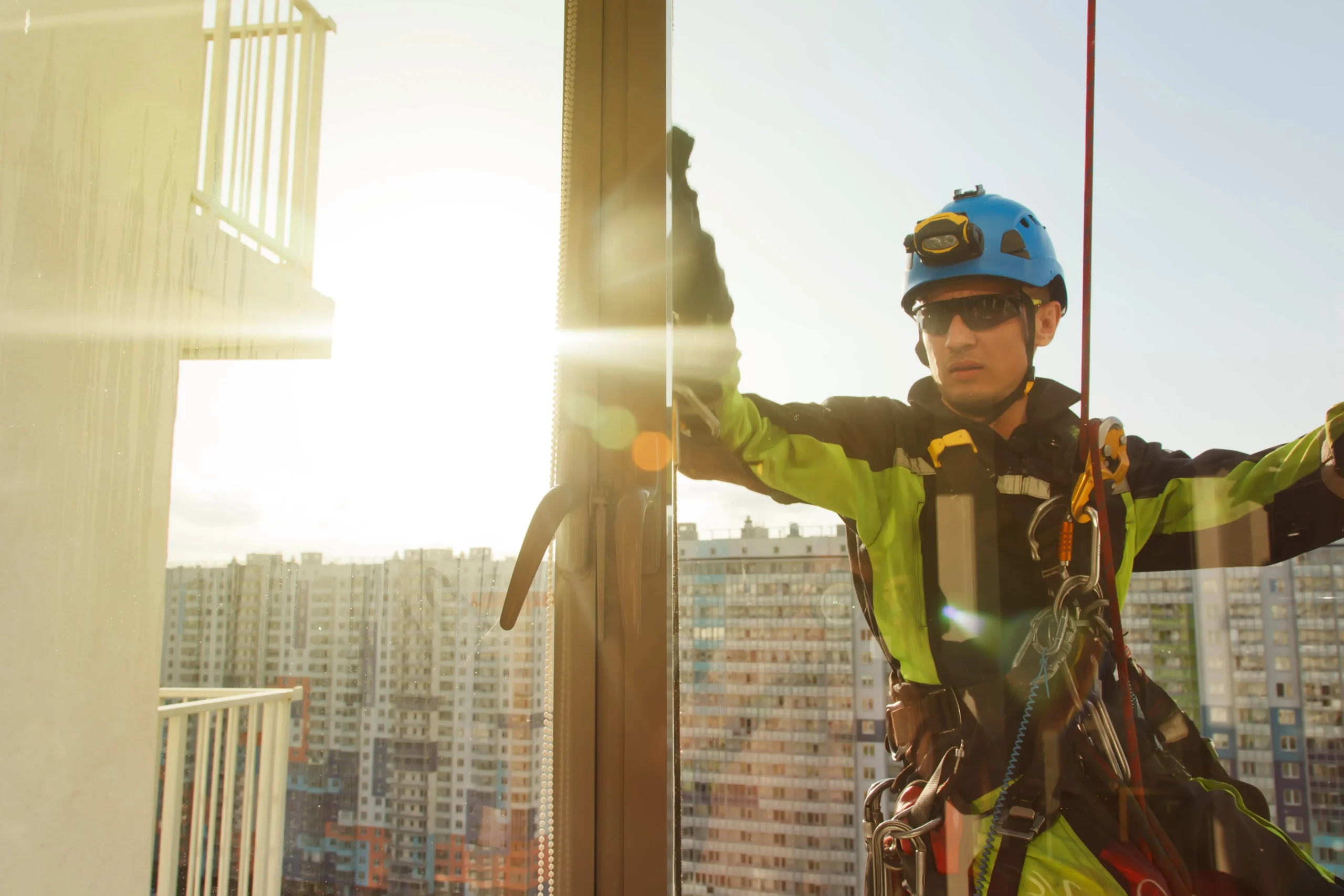 Industrial mountaineering worker hangs residential building while washing exterior facade glazing rope access laborer hangs wall house concept urban works copy space